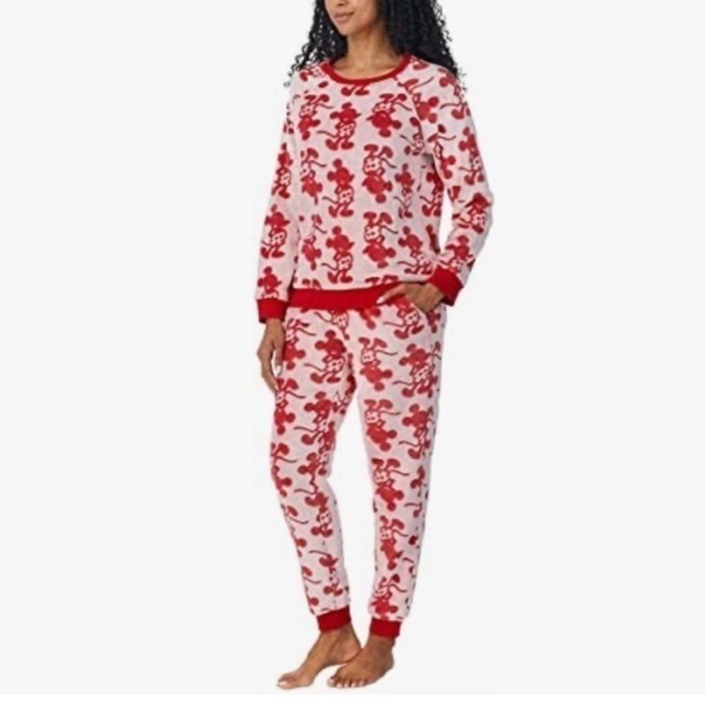 Disney Fleece Mickey Mouse Pajama Set Top Pants Red Cream Medium